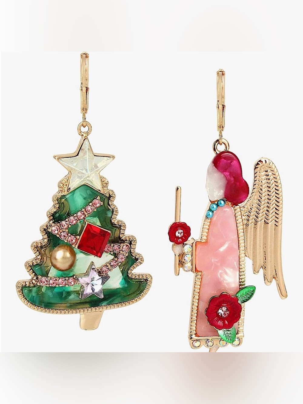 Betsey Johnson Feliz Navidad Christmas Tree Angel Mismatch Dangle Earrings NWT